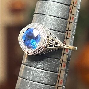 Vintage Art Deco Blue Sapphire Cannetille Filigree Sterling Silver Signet Ring